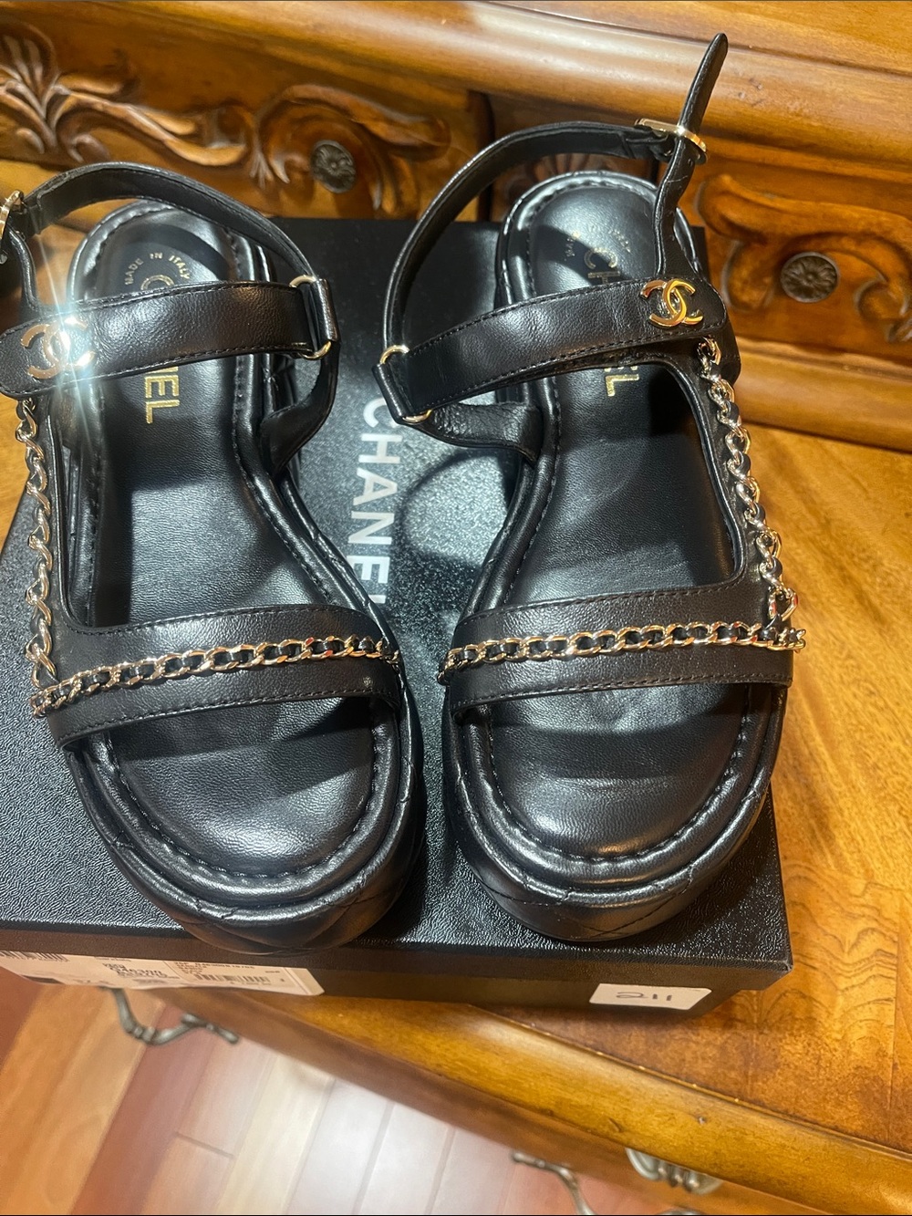 CHANEL Black Leather Platform Sandals with Gold Chain